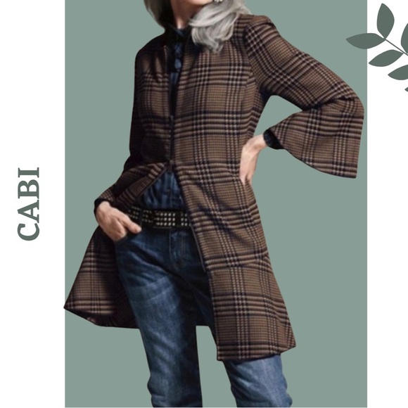 Cabi Flounce Jacket Brown Navy Plaid Zipper Front Scoop Neck Size Small - Picture 1 of 8